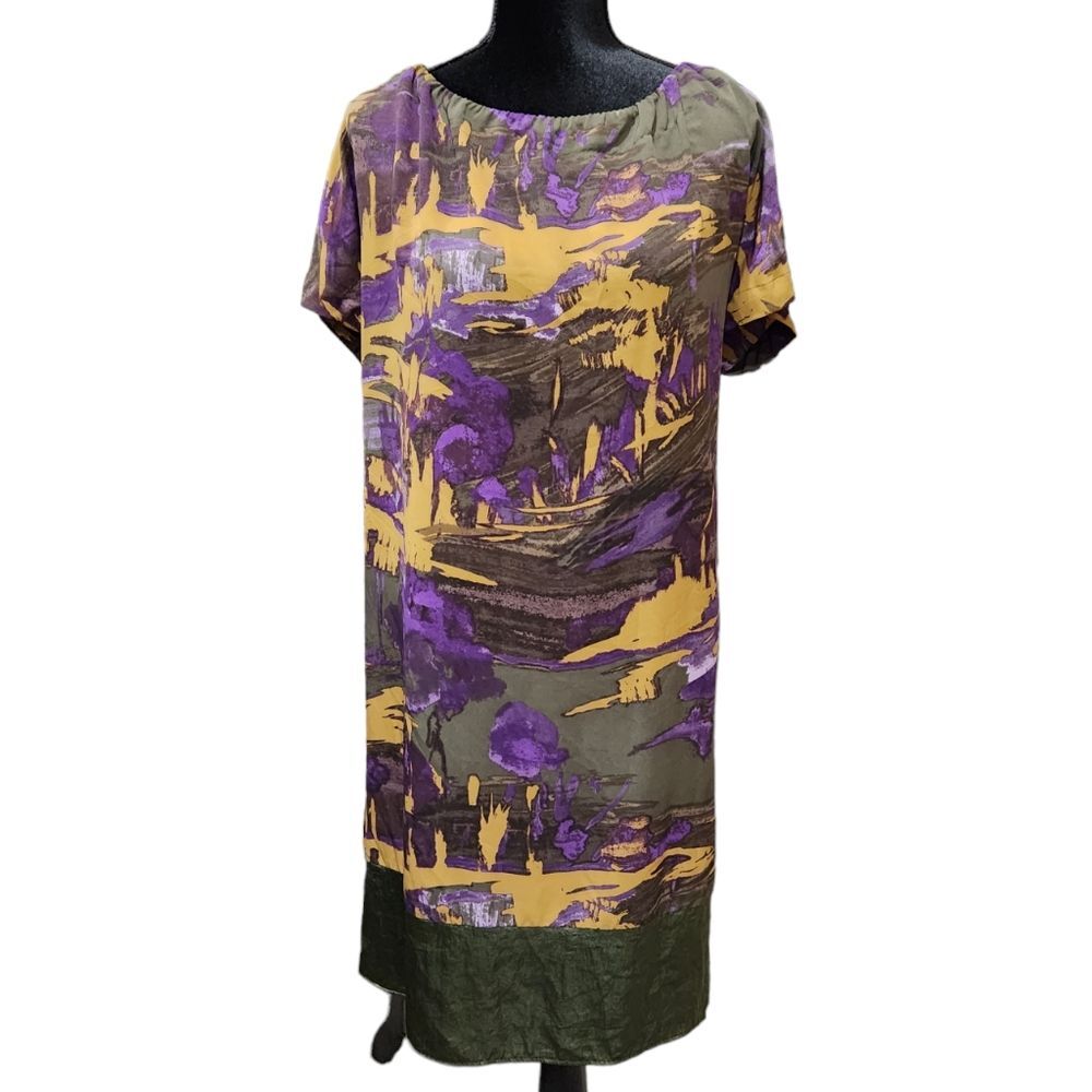 NWT Simply Vera Wang Silky Boho Dress Green Purple Blouson Short Sleeve XL
